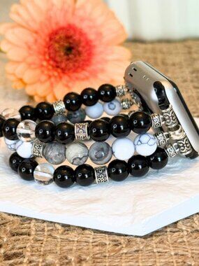 Apple Watch Band 42/44mm Black Obsidian Map Jasper Howlite Crystal Bracelet